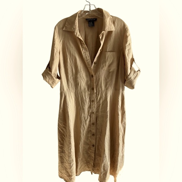 Linen Tab Sleeves Button Front Gold Shirt Dress Jones New York Womens Sz 14 - Picture 8 of 8